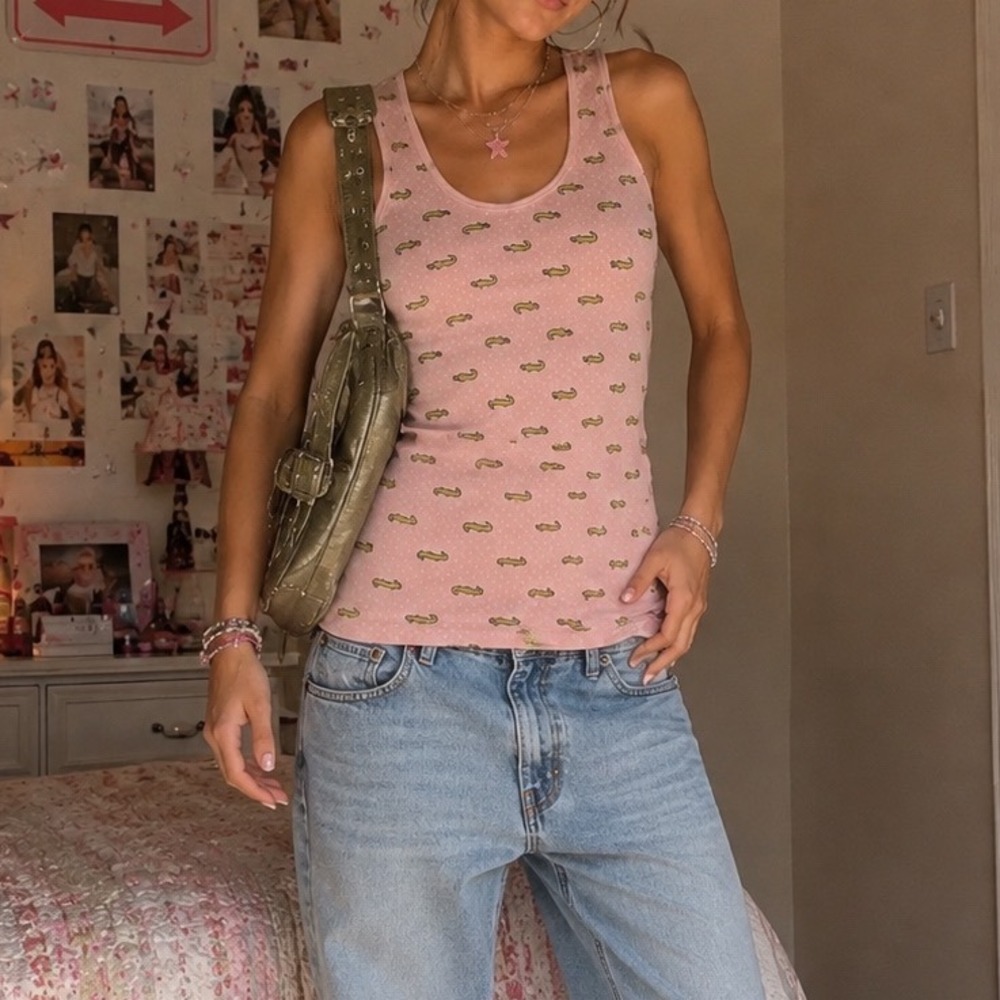 dELiA*s Pink Alligator Polka Dot Ribbed Tank Top Y2K Vintage Style Small